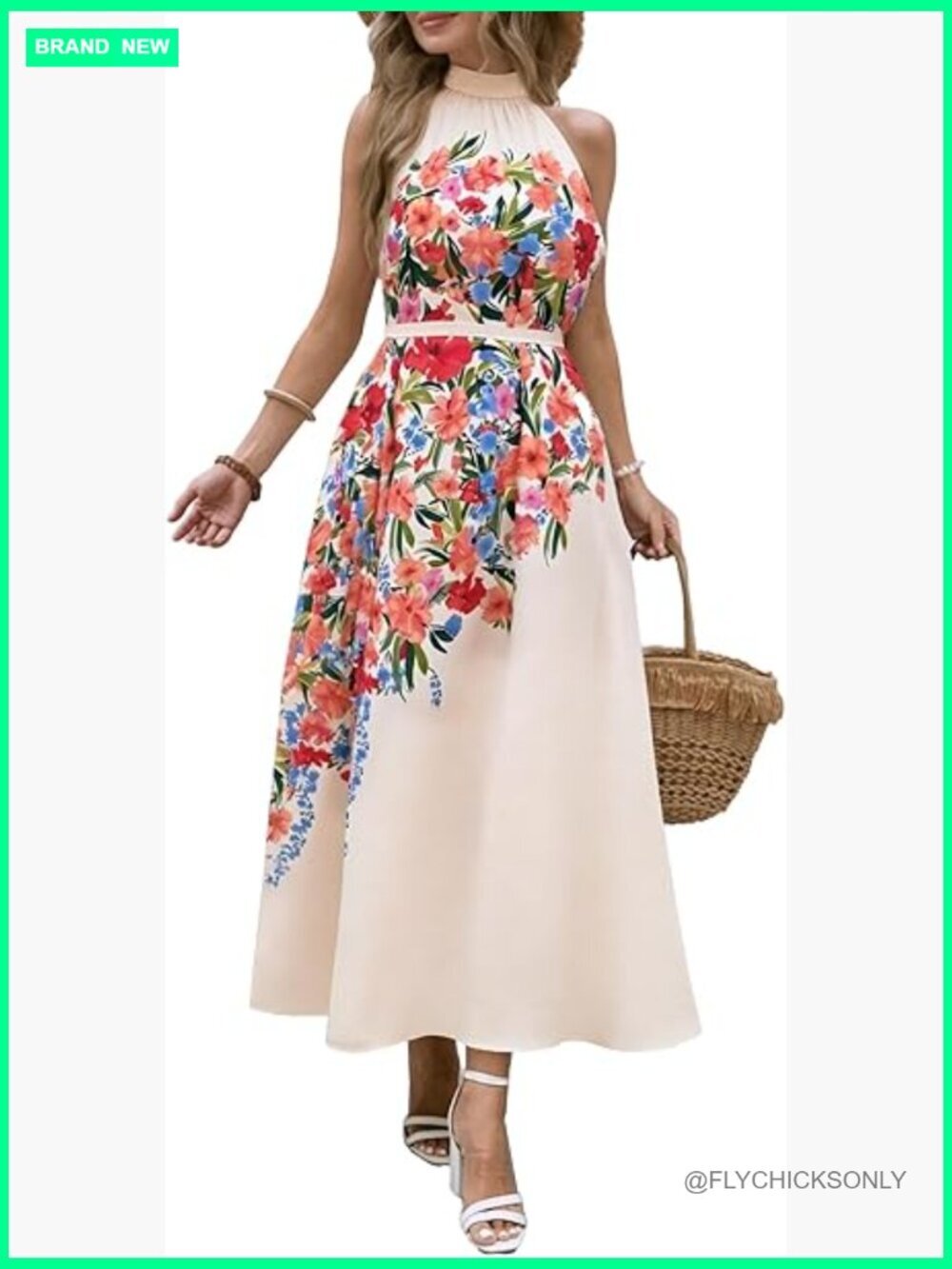 Summer Floral Maxi Dress Halter Neck Sleeveless with Belt